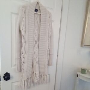 American Eagle Outfitters Women's Cream Patterned Cardigan W Fringe Size M